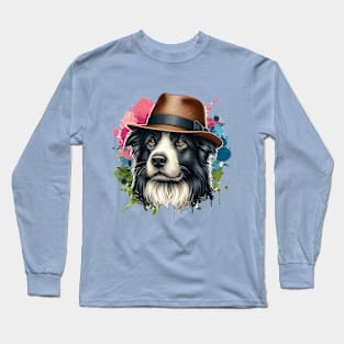 Border Collie Wearing Straw Hat Long Sleeve T-Shirt